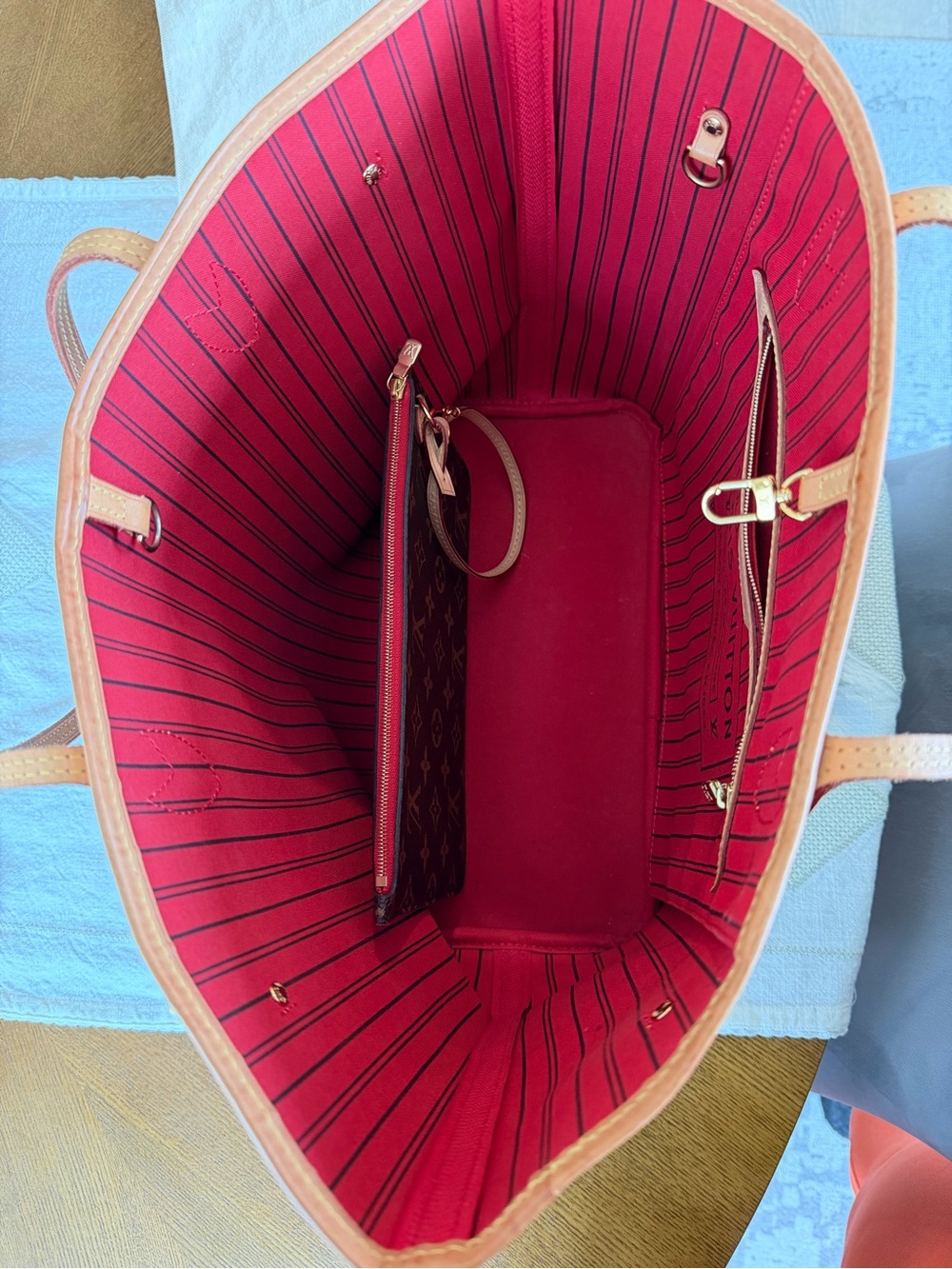 Louis Vuitton Monogram Canvas Neverfull Tote with Red Striped Interior - Picture 13 of 14